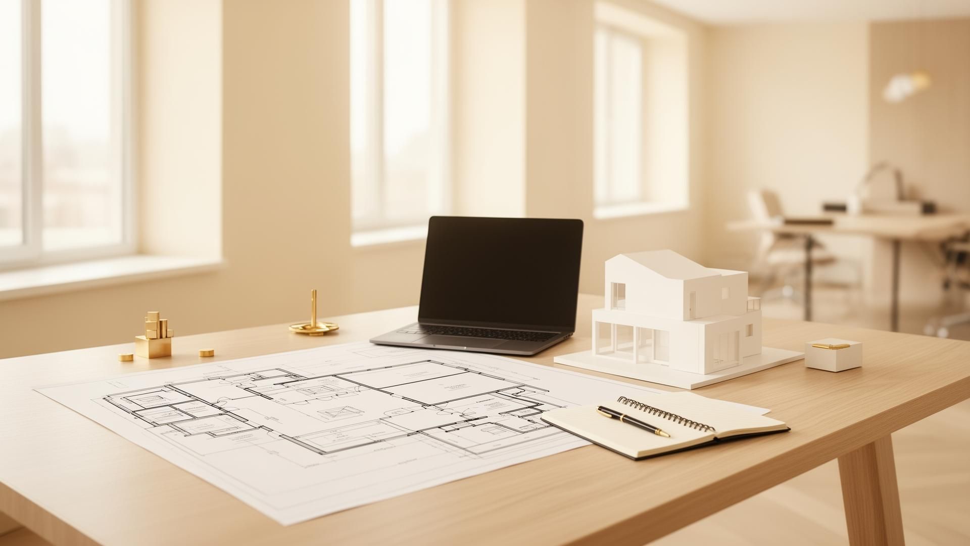 Heller, moderner Arbeitsplatz mit Architekturplänen, Laptop und Hausmodell