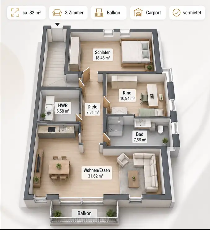 3D-Grundrissansicht der vermieteten Oberwohnung in Vechta